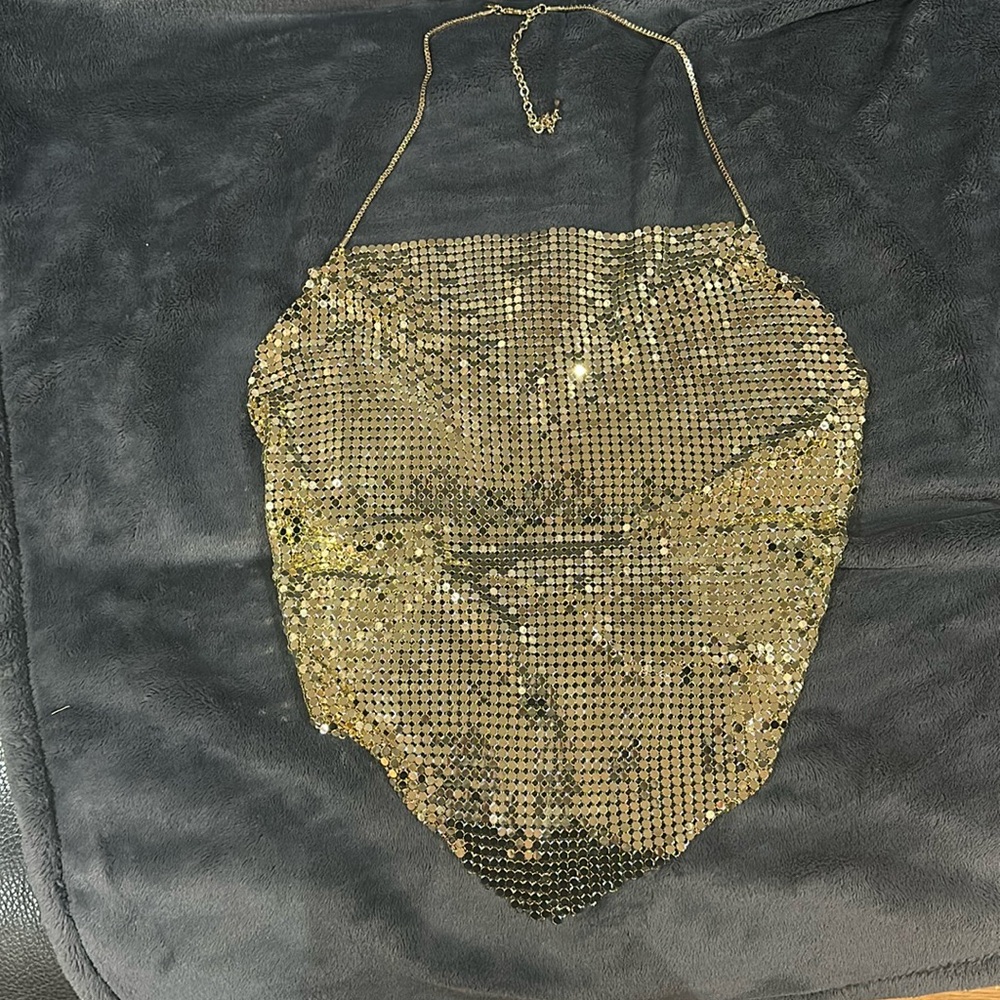 Golden Metallic Mesh Halter Top